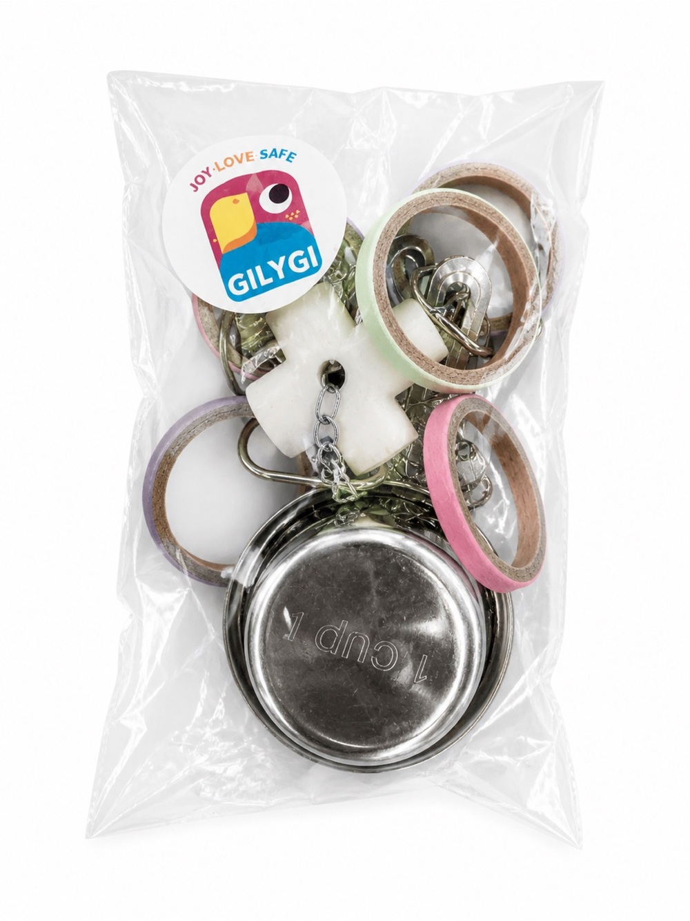 GILYGI Bird‎ Toy Bundle w/ Stainless Steel Cup & Chew Toys Parrot Cage Set NEW